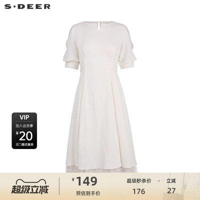 sdeer圣迪奥女装V领网纱拼接短袖连衣裙S223Z122W