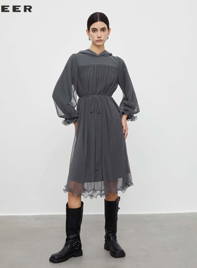 sdeer圣迪奥女装秋休闲连帽收腰网纱卫衣连衣裙S233D1201