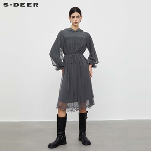 秋休闲连帽收腰网纱卫衣连衣裙S233D1201 sdeer圣迪奥女装
