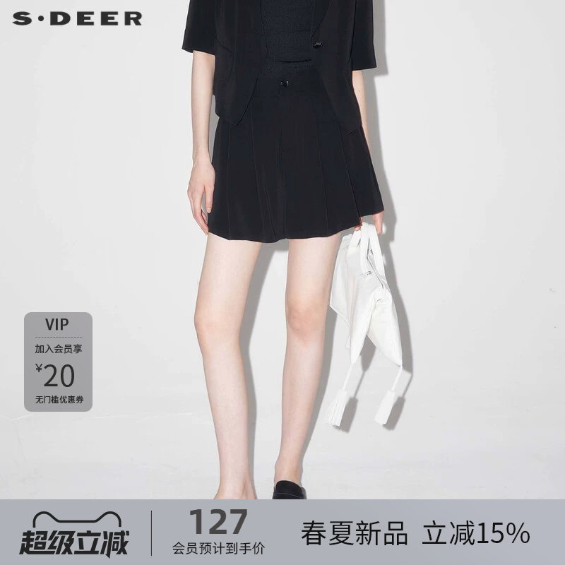 sdeer圣迪奥女装OL风复古高腰压褶插袋A字短裤S24260903