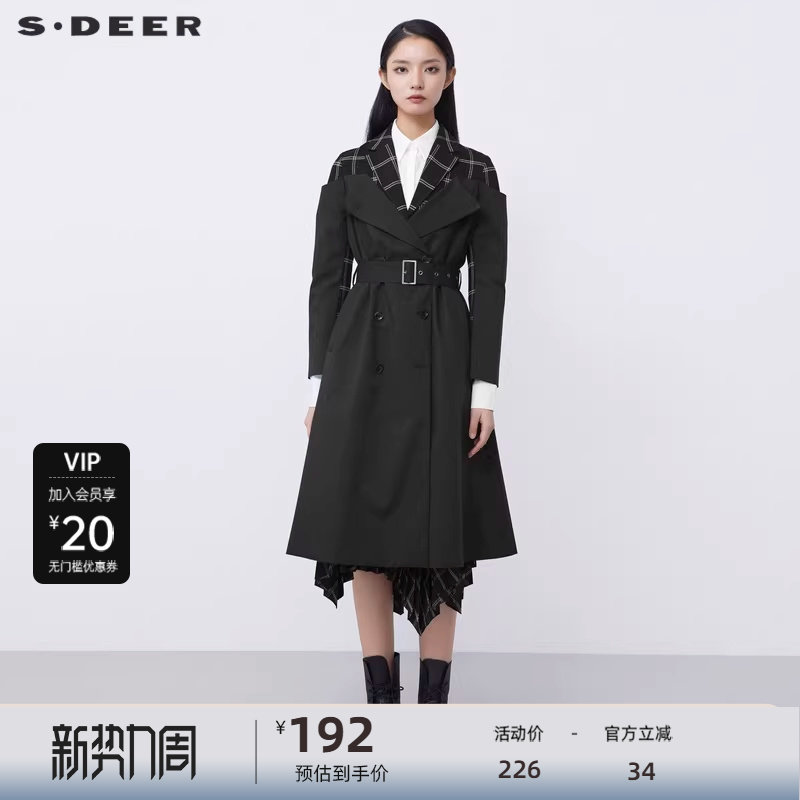 sdeer圣迪奥女装2025秋款休闲西装领格纹拼接长款风衣S21