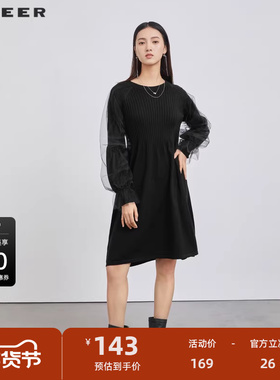 sdeer圣迪奥女装秋季圆领网纱中长裙针织黑色长袖连衣裙S224Z1209