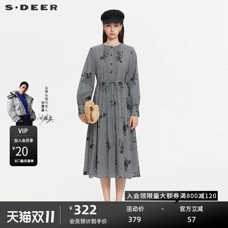 sdeer圣迪奥女装25年新品复古圆领绣花网纱格纹连衣裙S253Z1270