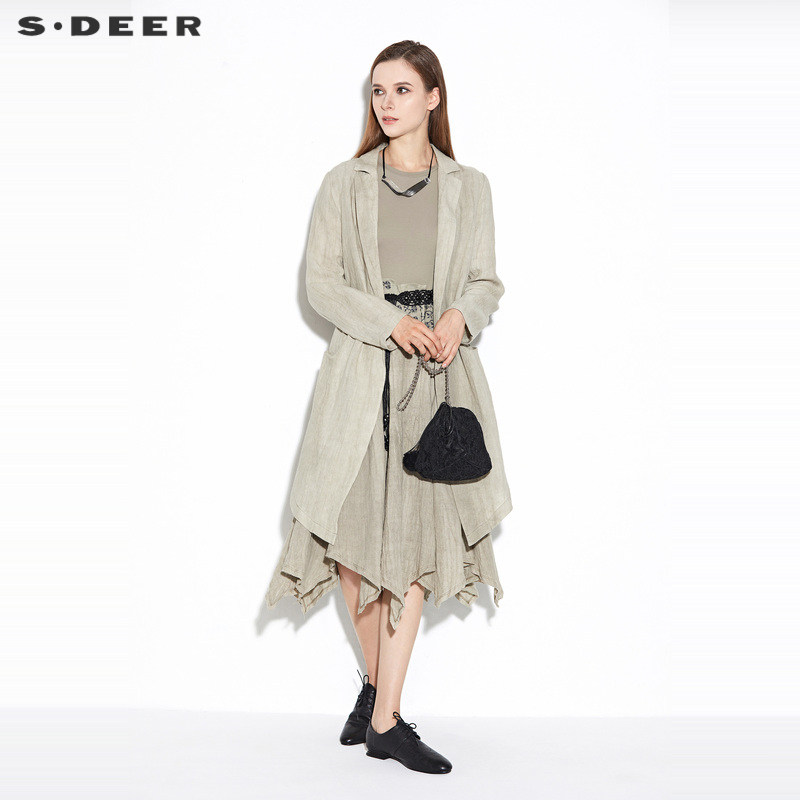 sdeer圣迪奥女装西装领撞色印花亚麻开襟外套S21282202