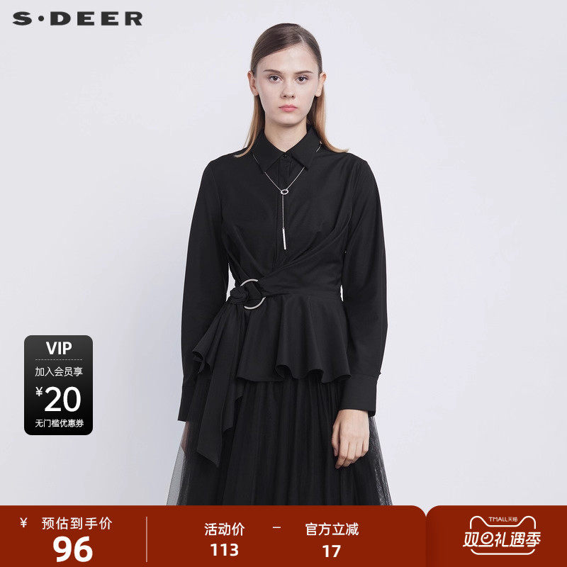 sdeer圣迪奥女装休闲翻领收腰不规则长袖黑色衬衫S214805