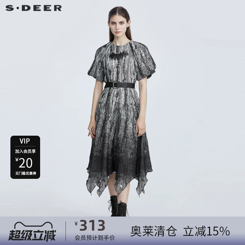 sdeer圣迪奥收腰泼墨印花不规则短袖连衣裙S21281204