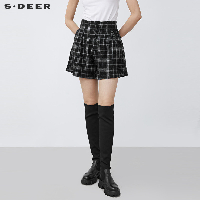 sdeer圣迪奥女装学院风高腰撞色格纹毛呢A字短裤S214809