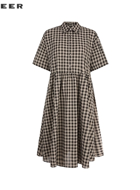 sdeer圣迪奥女装25年新品学院风翻领棋盘格短袖连衣裙S252Z1258