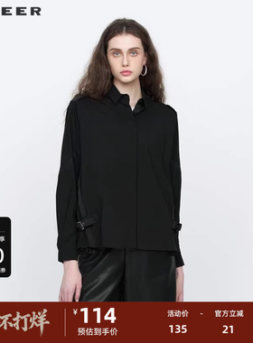 S·DEER圣迪奥女装秋通勤休闲翻领织带拼接黑色长袖衬衫S21380503