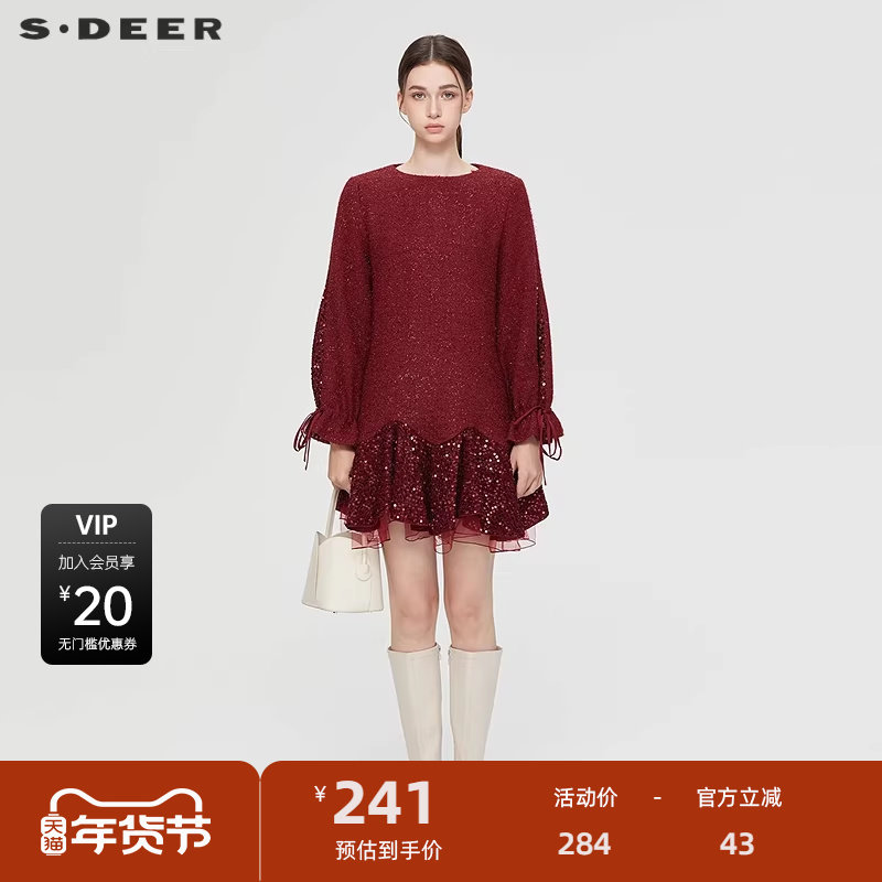 【新年款】sdeer圣迪奥女装复古系带网纱亮片毛呢外套S234Z