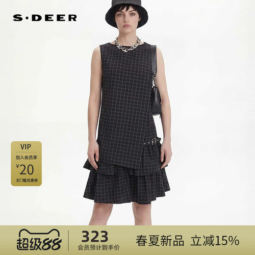 sdeer圣迪奥女装26年新品潮酷风圆领抽褶无袖连衣裙S262Z1208
