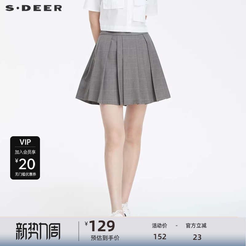 sdeer圣迪奥女装学院风撞色格纹百褶裙A字短裙S2228130