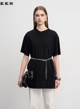 sdeer圣迪奥25年新品女装时尚圆领撞色拼接长款T恤S252Z0101