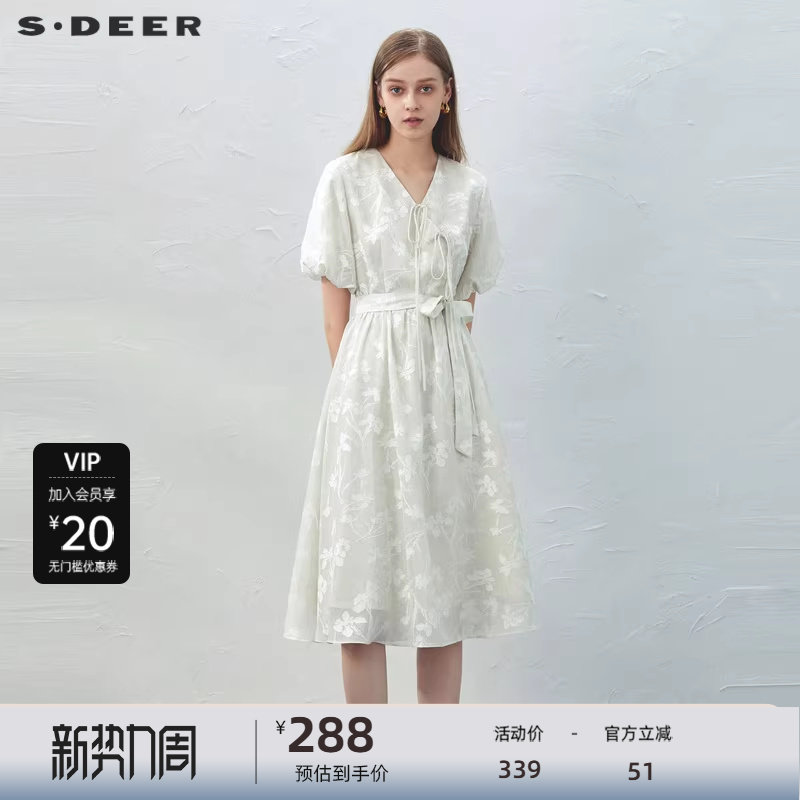 sdeer圣迪奥女装V领系带绣花泡泡袖新中式连衣裙S232Z12