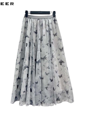 sdeer圣迪奥女装清新松紧印花网纱碎褶A字长裙S242Z1151