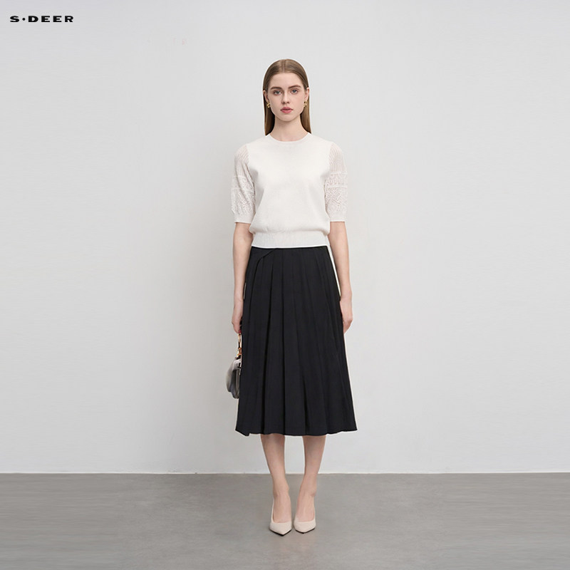 sdeer圣迪奥女装秋休闲拼接收腰百褶黑色长裙S233Z1133
