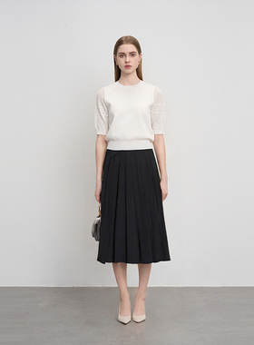 sdeer圣迪奥女装秋休闲拼接收腰百褶黑色长裙S233Z1133