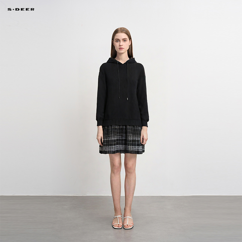 s.deer连帽格纹网纱卫衣连衣裙