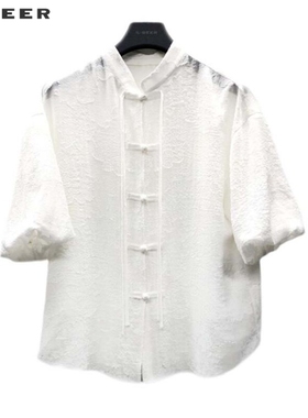 sdeer圣迪奥女装新中式盘扣提花泡泡袖两件套衬衫S242Z0443