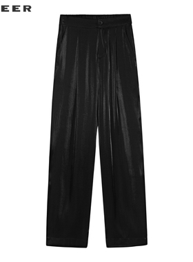 【sdeer奥莱】圣迪奥秋松紧拼接暗褶垂坠黑色直筒长裤S21160814