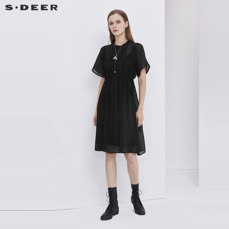 sdeer圣迪奥两件套短袖连衣裙女夏雪纺法式黑色连衣裙S2126