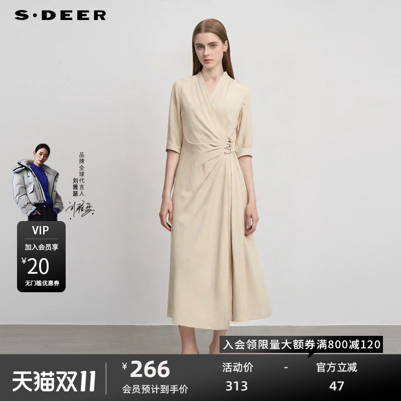 sdeer圣迪奥女装复古V领收腰垂坠不规则连衣裙S252Z1206