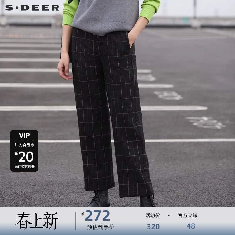 sdeer圣迪奥女装OL风松紧系带格纹插袋直筒长裤S24480801