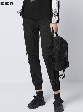 S·DEER圣迪奥女装秋时尚腰带立体口袋工装黑色长裤S21380804