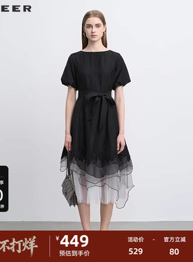 sdeer圣迪奥25年新品女装圆领收腰绣花不规则短袖连衣裙S252Z1201