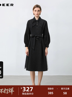 sdeer圣迪奥女装秋学院风压褶收腰网纱长袖连衣裙S241Z1265