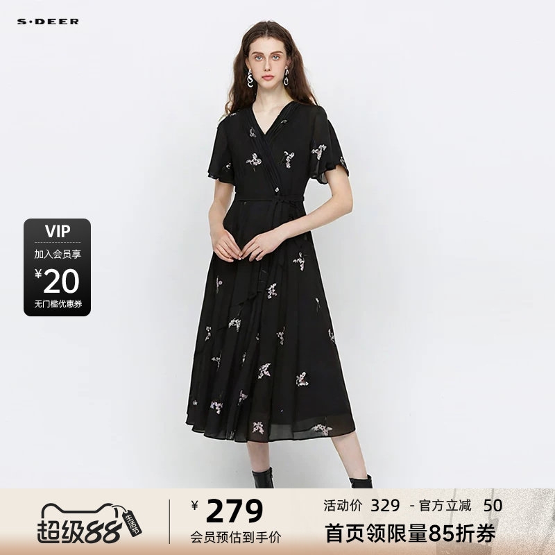 【奥莱】sdeer圣迪奥女装V领风琴褶绣花收腰连衣裙S242Z12R3图片