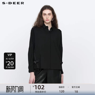 S21380503 衬衫 S·DEER圣迪奥女装 秋通勤休闲翻领织带拼接黑色长袖