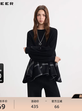 s.deer圣迪奥女装25年新品罗纹圆领撞色格纹宽松针织衫S253Z3521