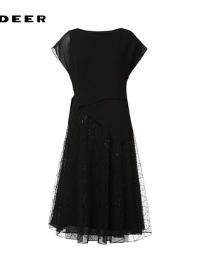 sdeer圣迪奥女装圆领收腰网纱波点短袖连衣裙S242Z1204