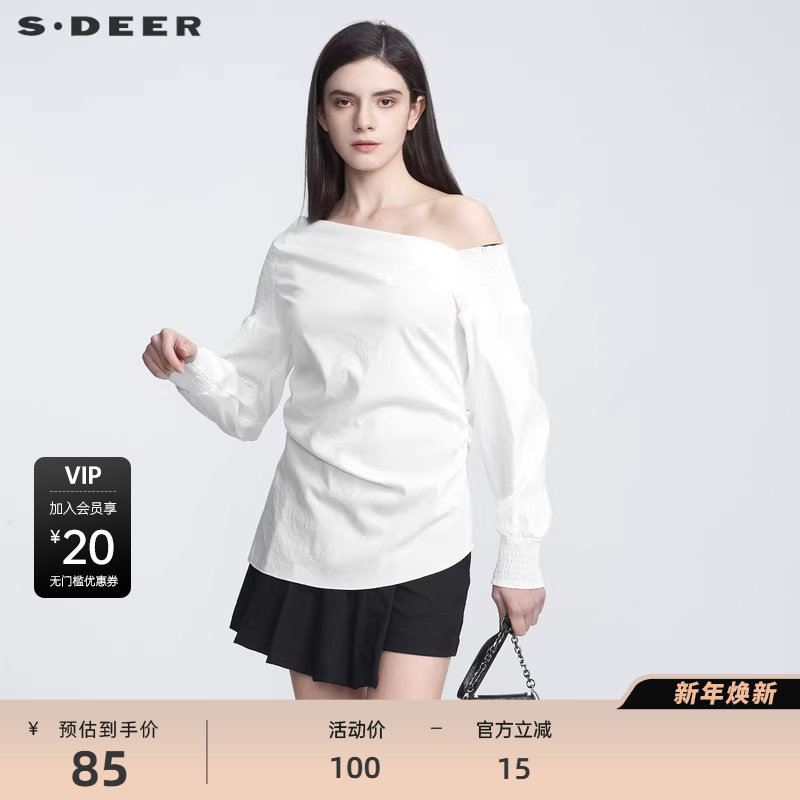 sdeer圣迪奥秋优雅一字领不规则松紧拼接衬衫S21180502