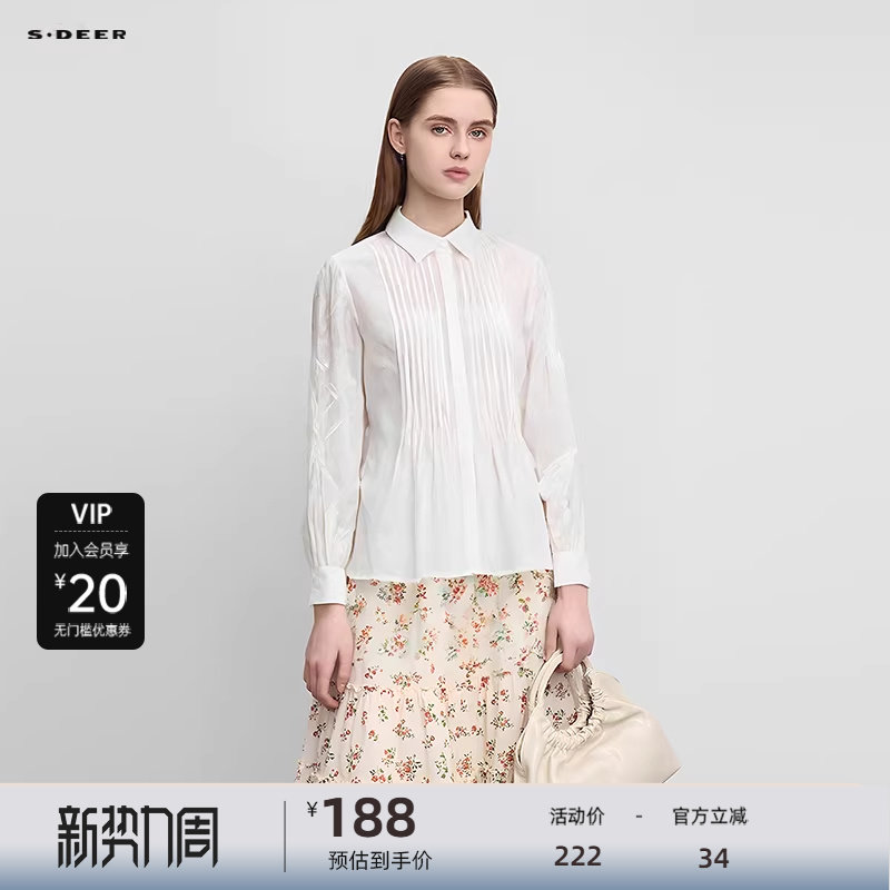 sdeer圣迪奥女装复古翻领风琴褶绣花长袖衬衫S241Z0520