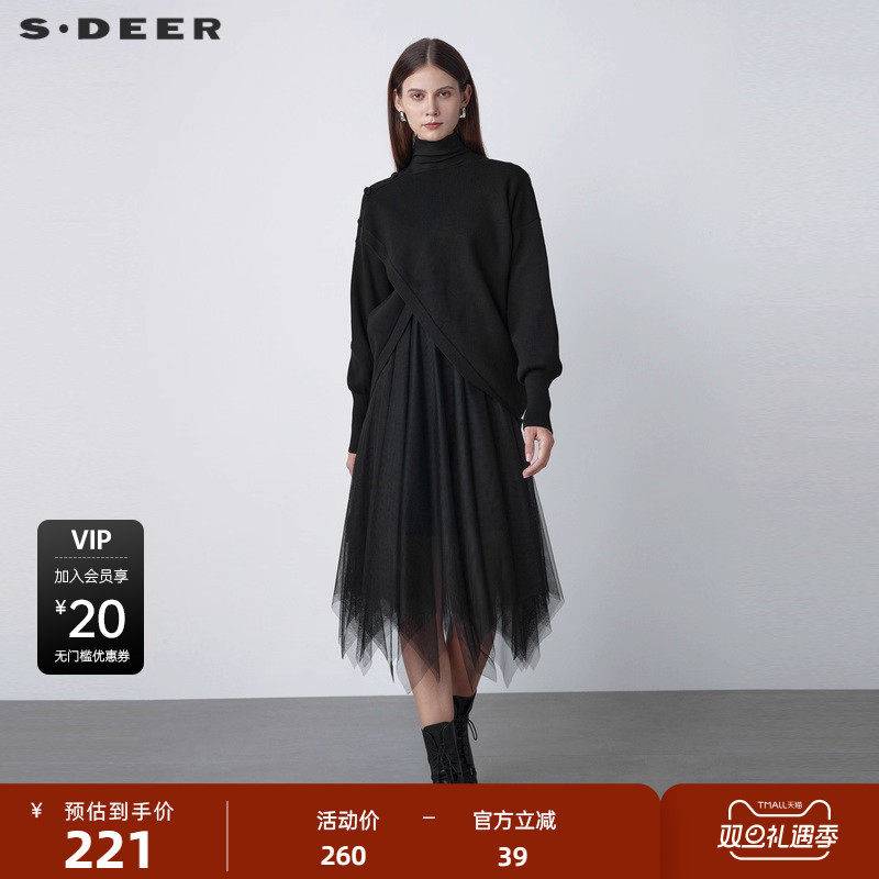 sdeer圣迪奥秋高领斜襟网纱拼接针织连衣裙S221Z1234