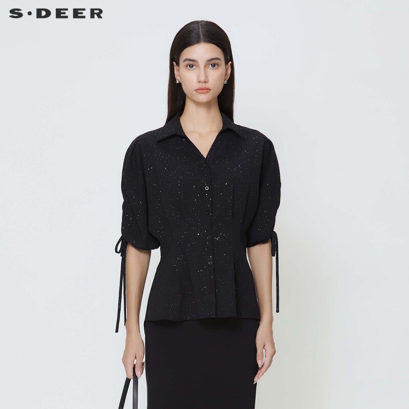 sdeer圣迪奥女装甜美复古翻领压褶系带衬衫S242Z0411