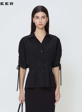 sdeer圣迪奥女装甜美复古翻领压褶系带衬衫S242Z0411