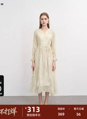 sdeer圣迪奥女装复古V领收腰印花不规则连衣裙S243Z1216