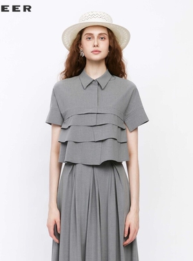 sdeer圣迪奥女装复古套装翻领拼接宽松短袖衬衫S242Z0434