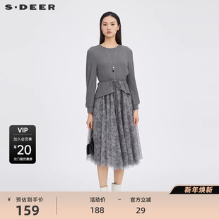 S·DEER圣迪奥女装 连衣裙S223Z129N 秋圆领收腰印花网纱长袖