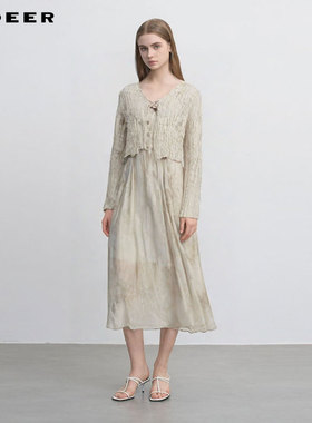 sdeer圣迪奥女装印花收腰网纱针织衫吊带裙套装S242Z1448