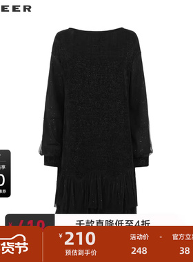 sdeer圣迪奥女装复古圆领网纱拼接丝绒连衣裙S241Z1237