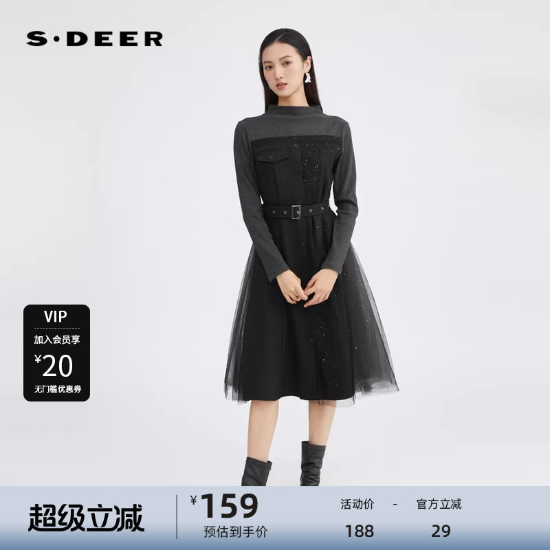 sdeer圣迪奥女装圆领收腰拼接网纱长袖连衣裙S223Z12BE
