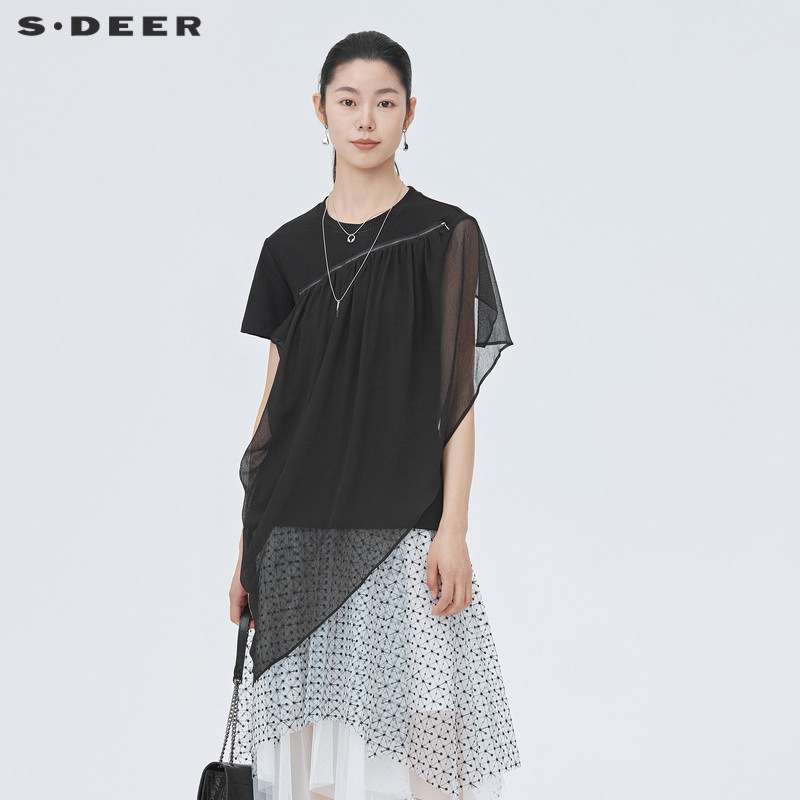 sdeer圣迪奥女装圆领雪纺拼接不规则短袖T恤S22280187