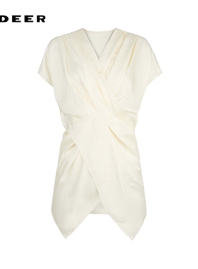 sdeer圣迪奥女装OL风V领压褶不规则雪纺衬衫S242Z0460