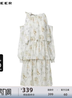【淡人穿搭】sdeer圣迪奥圆领系带露肩印花雪纺连衣裙S242Z12N4