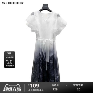 sdeer圣迪奥女装V领收腰晕染欧根纱短袖连衣裙S223Z124G