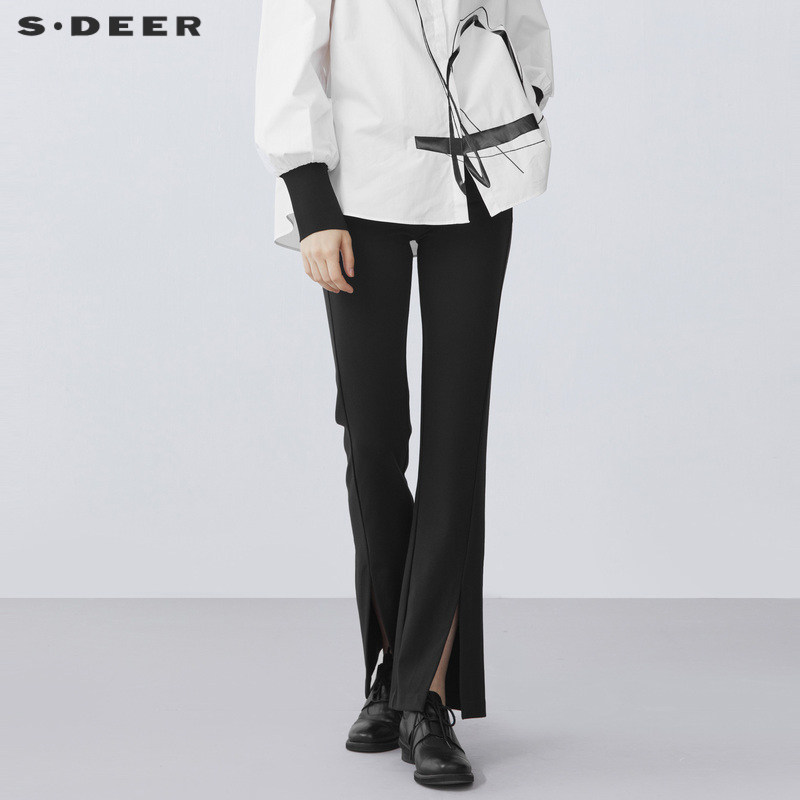S&middot;DEER圣迪奥女装秋复古时尚高腰修身开衩喇叭黑色长裤S21380805